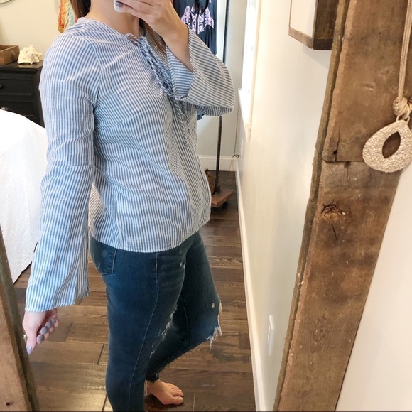 Wet Seal medium blue striped cotton lace up top - Picture 2 of 5